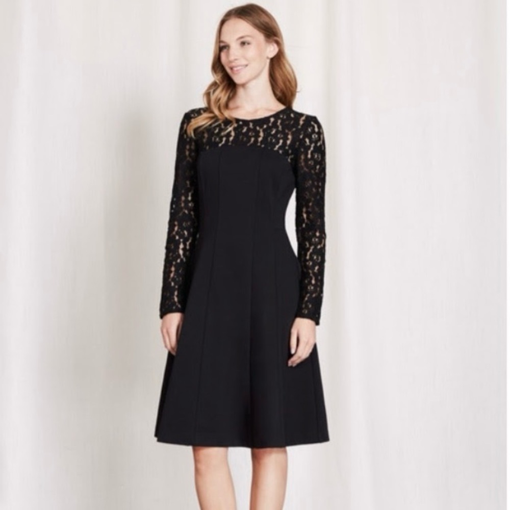 Boden Floral Lace Upper A-Line Pleated Longsleeve Black Dress - Size 6 R